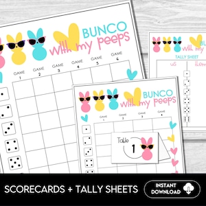 Bunco com meus Peeps Score Sheet Bundle, Fun Scorecards, Tally Sheets April Bunco Night, Bunco Tally Sheet, inclui 4 e 6 rodadas de jogo