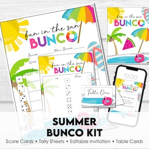 Summer Bunco Kit Printable, Fun in the Sun Bunco Score Sheets, Editable Invitation, Tally Cards, Table Cards, Welcome Sign