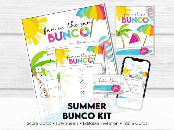 Summer Bunco Kit Printable, Fun in the Sun Bunco Score Sheets, Editable Invitation, Tally Cards, Table Cards, Welcome Sign