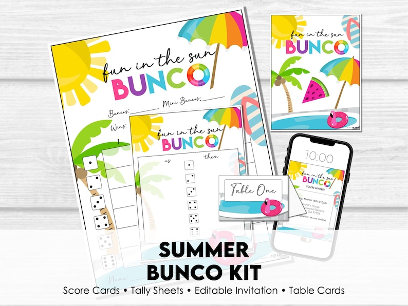 Summer Bunco kit printable with score cards, tally sheets, editable invitation, table cards, welcome sign, and instant download party printables.