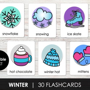 Flashcards imprimíveis de inverno para crianças, flashcards de sala de aula com texto editável, flashcards para pré-escola e educação domiciliar - Download instantâneo