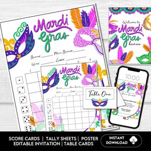 Mardi Gras Bunco Score Sheets, Bunco, Bunco Game Scorecards, 4 games, 6 games, Tally Sheets, Table Cards, Editable Invitation, Bunko