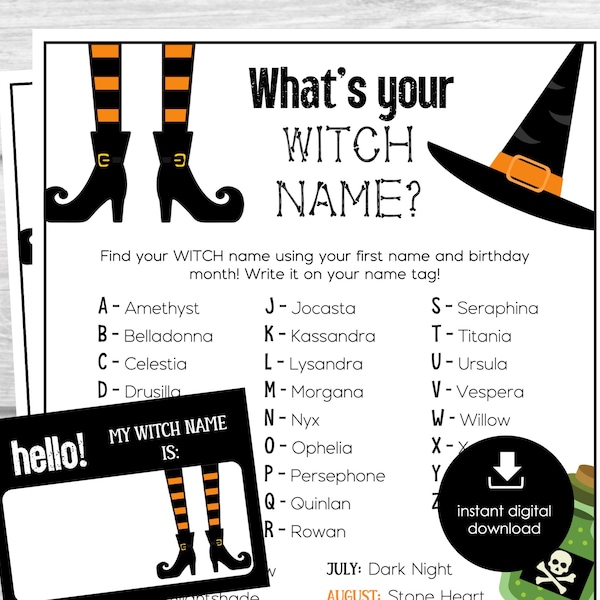 What's Your Witch Name, Halloween Witch Name Game, Halloween Name Tags and Sign, Party Ice Breaker, Halloween Party Activity, Office Party