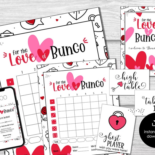 Valentine's Day Bunco Score Cards, February Bunco Score Sheets, Heart Bunco Invitation, Love Bunco Party Kit, Galentine's Bunco Night, BUNKO