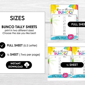 Fun in the Sun Bunco score sheet printable with 4-game and 6-game options for a summer Bunco party or ladies game night.