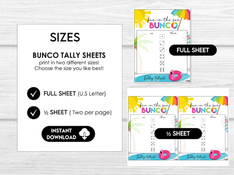 Fun in the Sun Bunco score sheet printable with 4-game and 6-game options for a summer Bunco party or ladies game night.