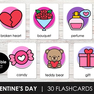Afdrukbare Flashcards Valentijnsdag voor kinderen, Valentine-woordenschat Memory Game Cards, bewerkbare tekst Picture Cards, direct downloaden