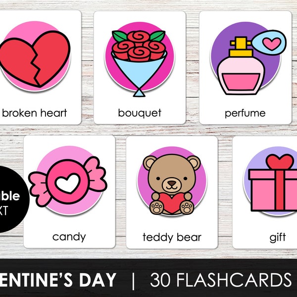 Valentine's Day Printable Flashcards for Kids, Valentine Vocabulary Memory Game Cards, Editable Text Picture Cards, Instant Download