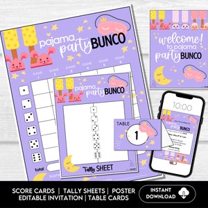 Cartões de pontuação Bunco para festa de pijama, folhas de pontuação Bunco, convite Bunco, imprimíveis para festa Bunco de pijama, noite de Bunco, BUNKO, cartões de mesa Bunco