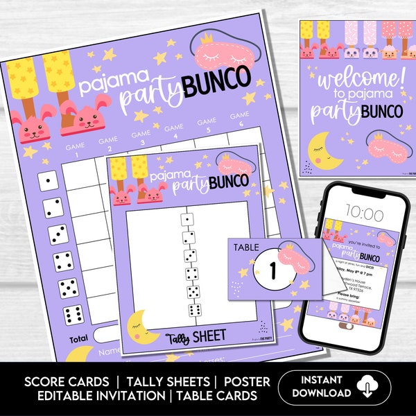 Pajama Party Bunco Score Cards, Bunco Score Sheets, Bunco Invitation, Pajama Bunco Party Printables, Bunco Night, BUNKO, Bunco Table Cards