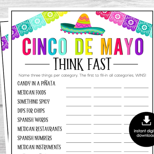 Jeu Cinco de Mayo THINK FAST, jeu de mots pour les fêtes, jeux de fête mexicains, jeux amusants Cinco de Mayo, jeux de fête pour enfants et adultes