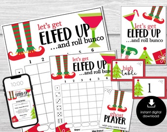 May include: Printable Christmas party game cards featuring elf legs, a red cocktail glass, and the text "Let's get Elfed Up...and roll bunco". The cards are on a white wood background.