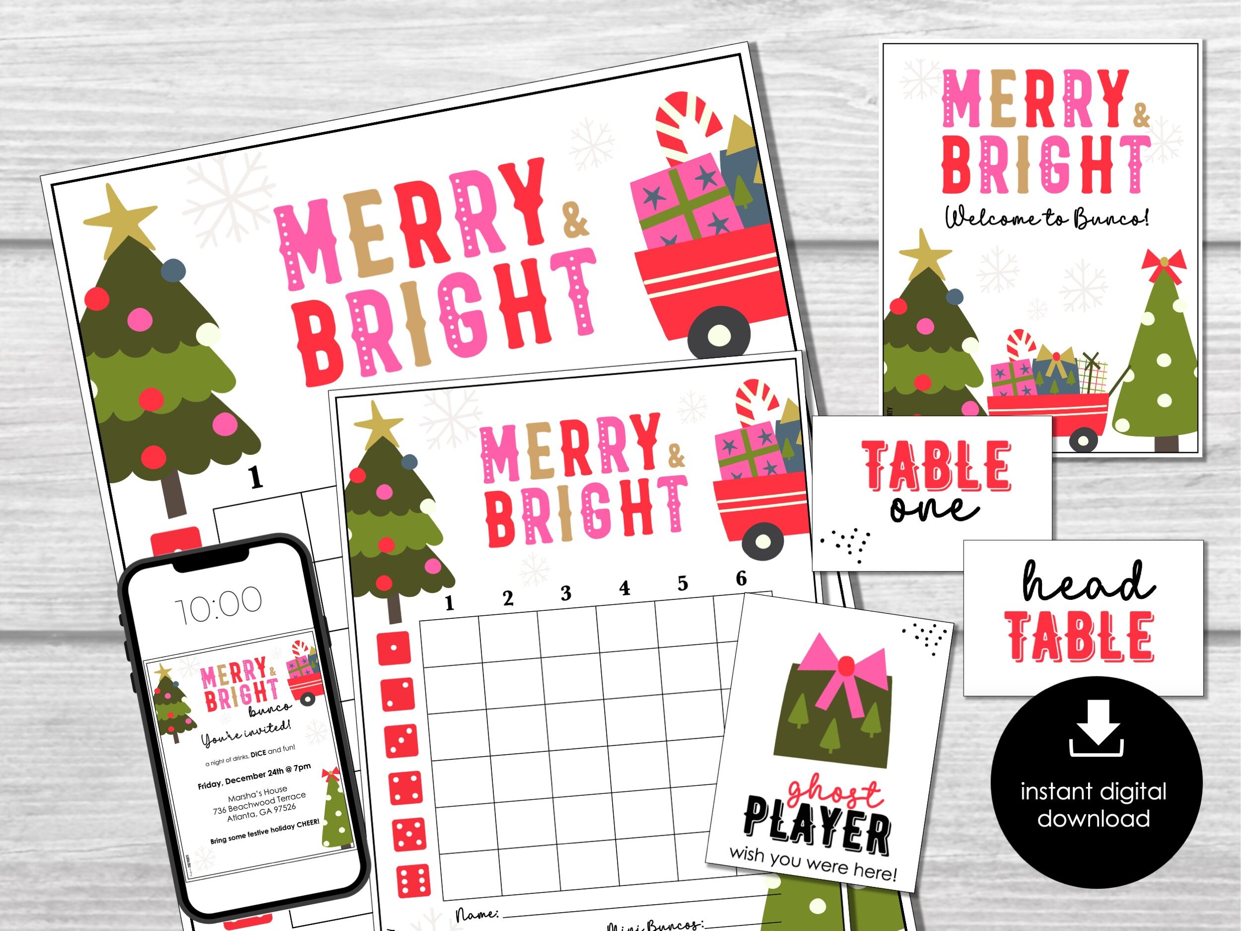 Christmas Bunco Score Sheets, Merry and Bright December Bunco Game