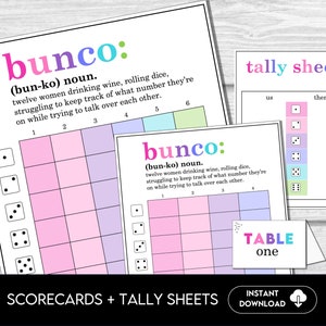 Cartões de pontuação engraçados de definição de Bunco para Bunco Night, incluem folhas de registro e números de mesa, download instantâneo do tema Simple Bunco