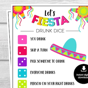 Puede incluir: Una tarjeta de juego imprimible con el texto "Let's Fiesta Drunk Dice". La tarjeta tiene un diseño colorido con un sombrero y dados. La tarjeta enumera cinco reglas de juego de beber diferentes para cada número en un dado.