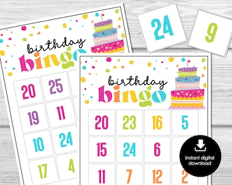 May include: Two printable birthday bingo cards with colorful numbers and the words "birthday bingo" on each card. The cards feature a colorful cake illustration.
