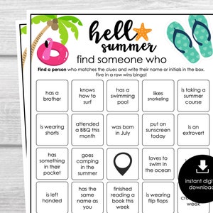 Summer Find Someone Who Bingo, Printable Party Game, Printable Game for Adults & Kids, Fun Ice breaker Game, Pool Party Activity, Summertime