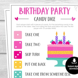 Birthday Candy Dice Game, Fun Birthday Party Game, Slumber Party Game for Kids, Group Dice Game, Candy Dice Game Printable, Kids Party Game
