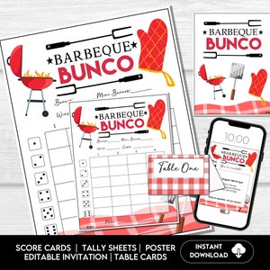 Tarjetas de puntuación Bunco para barbacoa, Hojas de puntuación Bunco para exteriores de verano, Invitación Bunco para barbacoa, Kit de fiesta Bunco, Noche Bunco de julio, Bunco de agosto, BUNKO