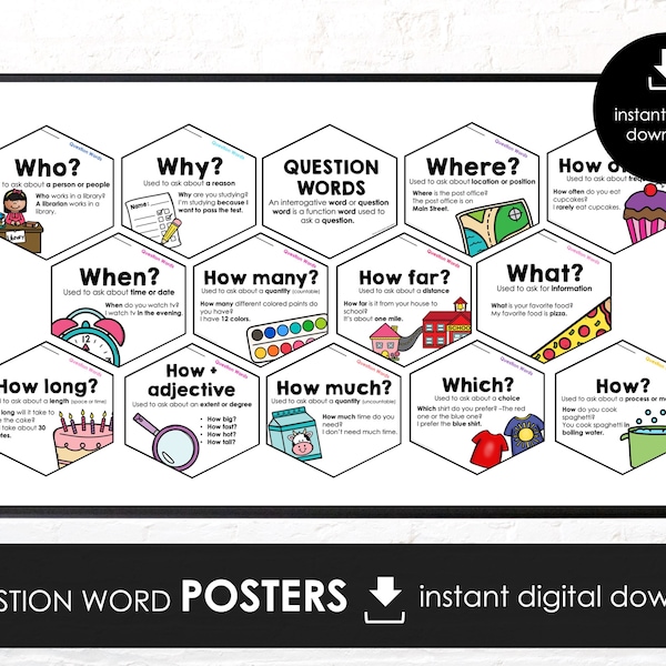 Question Word Poster Set | Educational Poster, Classroom Poster | Part of Speech | WH Questions | ESL Grammar Posters | Digital Download