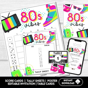 Cartões de pontuação Bunco do renascimento dos anos 80, festa temática Bunco dos anos 80, tema divertido Bunco, cartões de pontuação, planilhas de registro, convites, marcadores de mesa, retrô