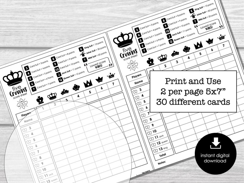 5 Crowns Score Cards Card Game Score Sheets for 5 Crowns - Etsy