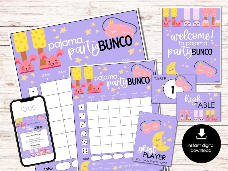 Pajama Party Bunco Score Cards, Bunco Score Sheets, Bunco Invitation ...