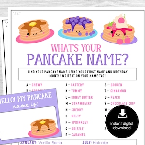What&#39;s Your Pancake Name Game, Pancake Name Tags and Sign, Pancake Breakfast IceBreaker, Pancake Day Party Activity Printable, Kids, Adults