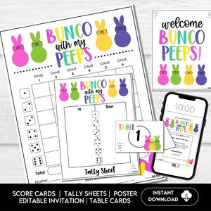 Bunco with My Peeps - Conjunto de hojas de puntuación de Bunco - Tarjetas de puntuación, hojas de conteo, invitaciones editables, números de mesa, tarjetas de puntuación de 4 y 6 juegos