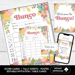 Feuilles de pointage Bunco avec fleurs printanières, cartes de pointage, marqueurs de table, invitation, cartes de jeu Bunco Night, téléchargement numérique - thème floral