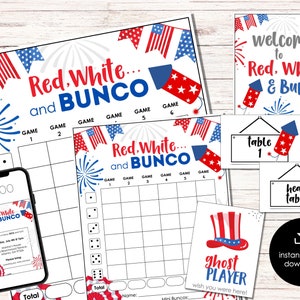4. Juli Bunco Score Cards, Juli Vierte Party Bunco Einladung, Juli Bunco Nacht, Bunco Spielparty Printable, Rot, Weiß und Bunco Spiel