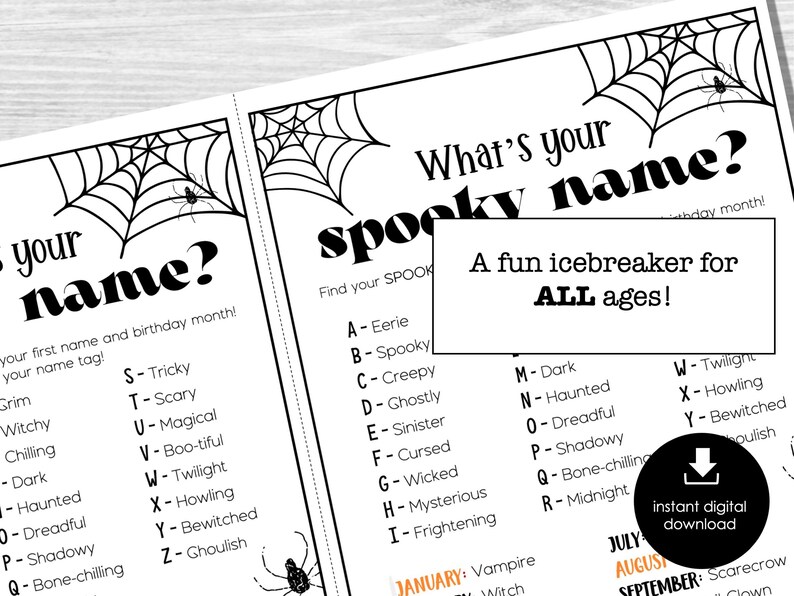 Halloween Spooky Name Game, Halloween Name Tags and Sign, Party Ice Breaker, Halloween Party