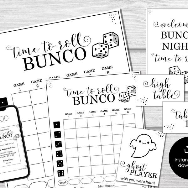 Bunco Score Sheets, Bunco Party Printables, Black & White Bunco Invitation, Bunco Night Printable, Bunco Game Night, No theme BUNCO