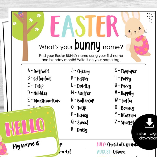 Easter What's Your Bunny Name Game, Bunny Name Tags Sign, Easter Party Ice Breaker, Easter Activity for Kids and Adults, School Party Game