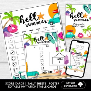 Pacote para impressão BUNCO de verão | Cartões de pontuação | Folhas de registro | Cartões de mesa | Noite de jogo para impressão - Olá Verão | Festa Bunco para impressão