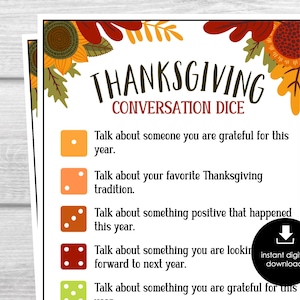 Thanksgiving Gratitude Dice Game, Thanksgiving Party, Thanksgiving Conversation Game, Friendsgiving Game, Thanksgiving Conversation Starters