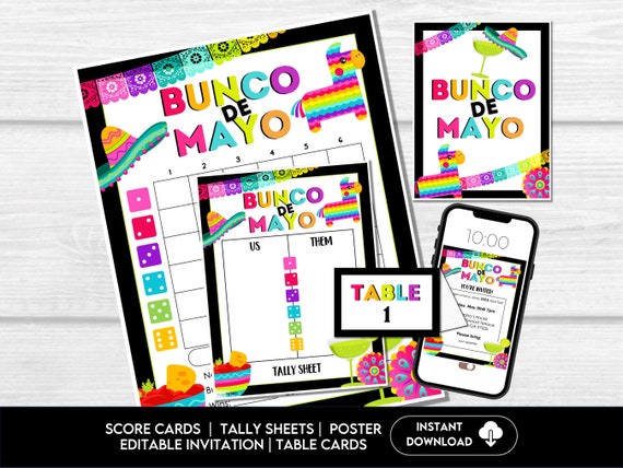 Cinco de Mayo Bunco Party Bundle Printable, Score Cards & Editable Invitation, Instant Download