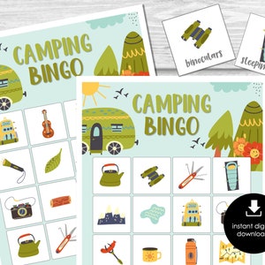 Camping Bingo Game, Party Game for Kids, Classroom Bingo Game, Scout Bingo Game, Camp Theme Printable Bingo Cards for Kids, Sleepover Party