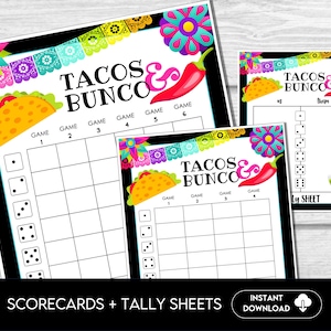 Taco Bunco Scorecards and Tally Sheets, Mexican Party Bunco, Taco Night Bunco Score Cards, Fun Fiesta Bunco Party, 4 and 6 game rounds