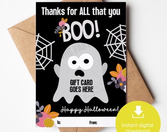 Printable Halloween Gift Card Holder, Teacher Appreciation Gift Card, Coffee Gift, Halloween Party Gift, Employee, Staff Gift, Thanks Boo