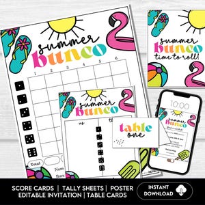 Tarjetas de puntuación de Bunco de verano, Invitación de Bunco de playa, Noche de Bunco de verano de julio, Imprimible para fiesta de juegos de Bunco, Noche de Bunco de agosto, Bunco de junio