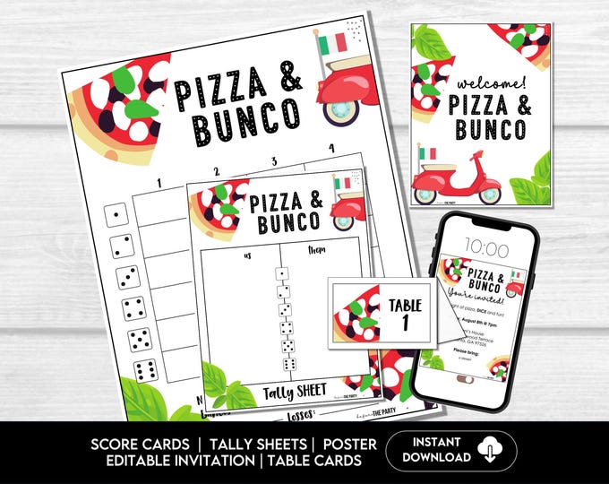 Pizza Party Printable Bunco Set-complete Bunco Set-bunco Card, Bunco ...