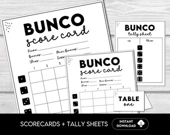 Può includere: Schede segnapunti e fogli di conteggio Bunco in bianco e nero. Le schede segnapunti hanno spazi per nome, punteggi e vittorie/sconfitte. Il foglio di conteggio ha spazi per "noi" e "loro". Le parole "SCORECARDS + TALLY SHEETS" sono in basso.