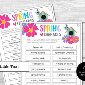 Spring Charades Party Game for Kids, Classroom Charades for Springtime, Spring Miming Game, Spring Activity for Kids - Editable Download