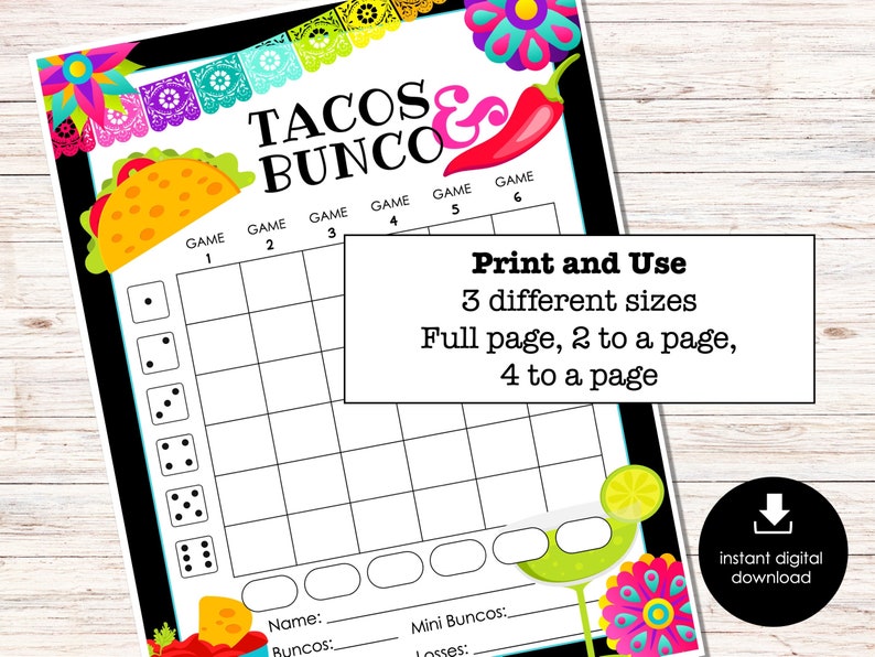 Taco Bunco Score Sheets, Mexican Party Bunco, Bunco Score Cards, Bunco ...