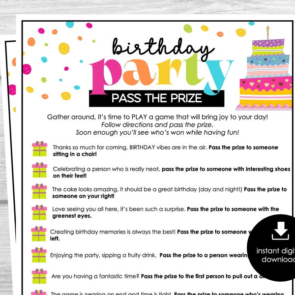 Pass the Prize, Birthday Party Game, Printable Party Game, Fun Gift Exchange Game, Pass the Parcel, Family & Friends Party Group Icebreaker