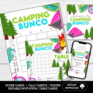 Cartes de pointage Bunco de camping, Feuilles de pointage Bunco d'extérieur, Soirée Bunco d'été, Fête Bunco, Bunco de juillet, Invitation modifiable, Cartes avec numéros de table