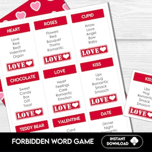 Valentinstag verboten Wortspiel, Valentinstag Tabu-Stil Spiel, druckbare Valentinstag Party Spiele für Kinder, Galentiner, Erwachsene