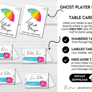 Summer Bunco ghost player cards and table cards with numbered tables, head table, high table, middle table, and low table signs.