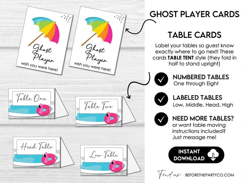 Summer Bunco ghost player cards and table cards with numbered tables, head table, high table, middle table, and low table signs.